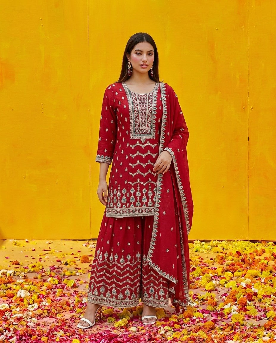 Maroon Embroidered Silk Blended Kurta Bottom Dupatta Set