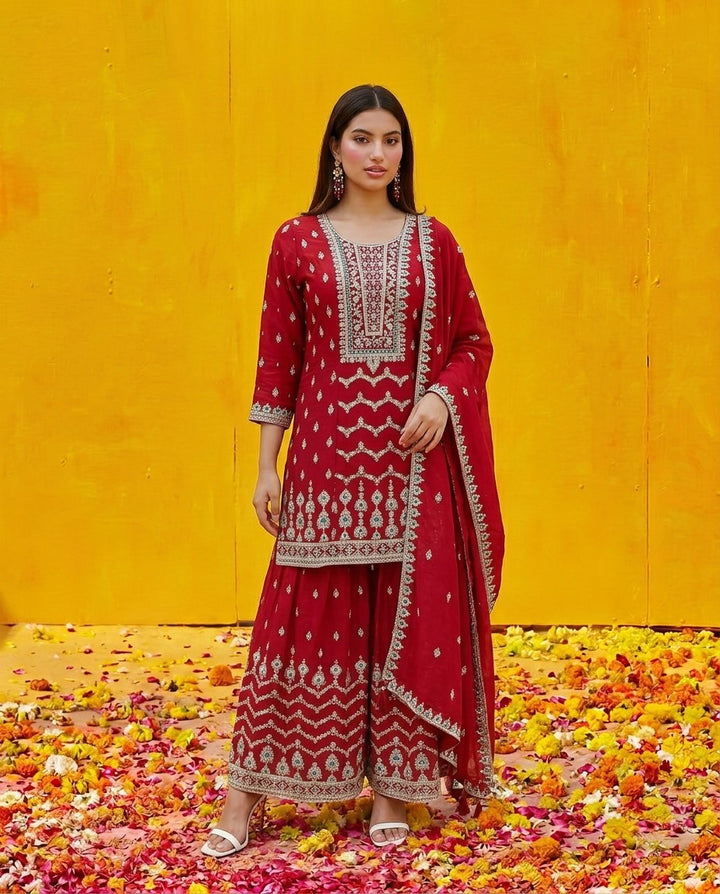 Maroon Embroidered Silk Blended Kurta Bottom Dupatta Set