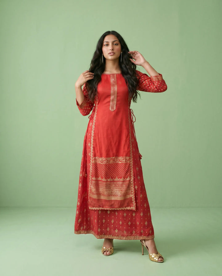 Red Printed Viscose Blended Maxi Dress