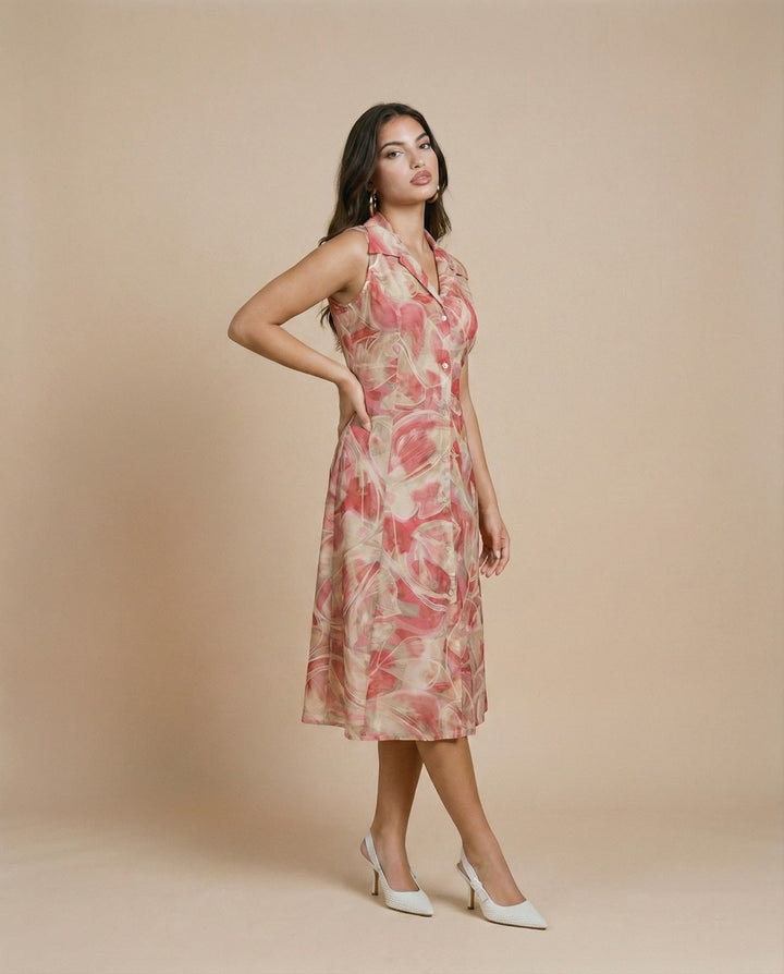 Peach Printed Viscose Blended Midi Dress