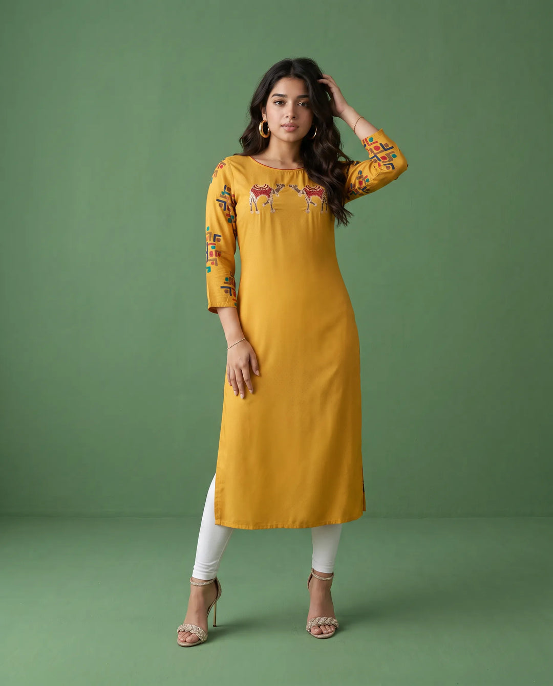 Yellow Embroidered Rayon Straight cut Long Kurta