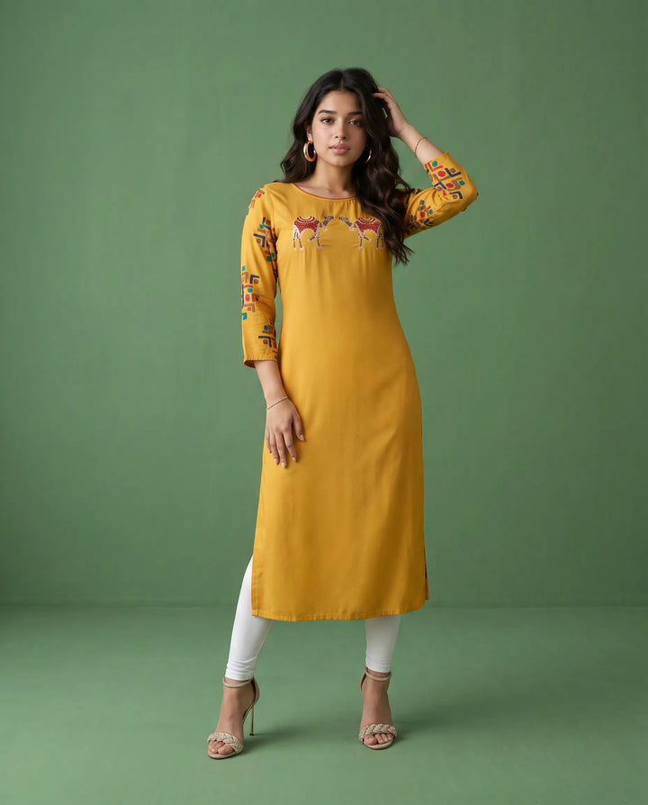 Yellow Embroidered Rayon Straight cut Long Kurta