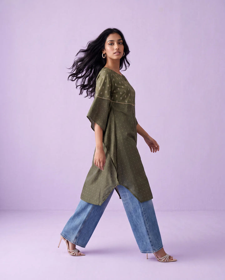 Olive Printed Viscose Blended Kaftan