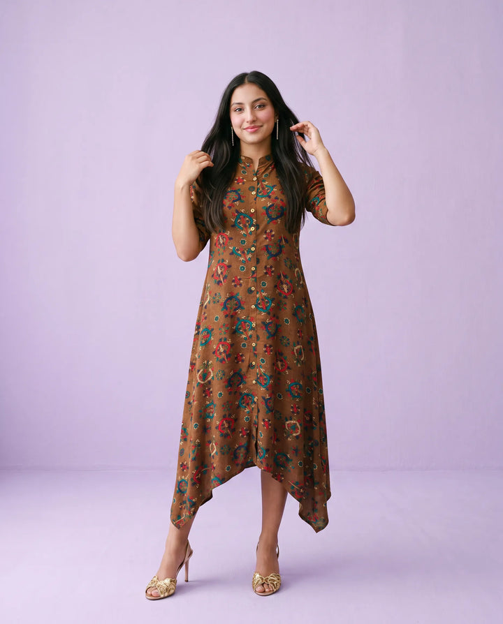 Brown Printed Rayon Maxi Dress