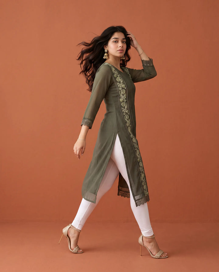 Olive Embroidered Georgette Straight cut Long Kurta