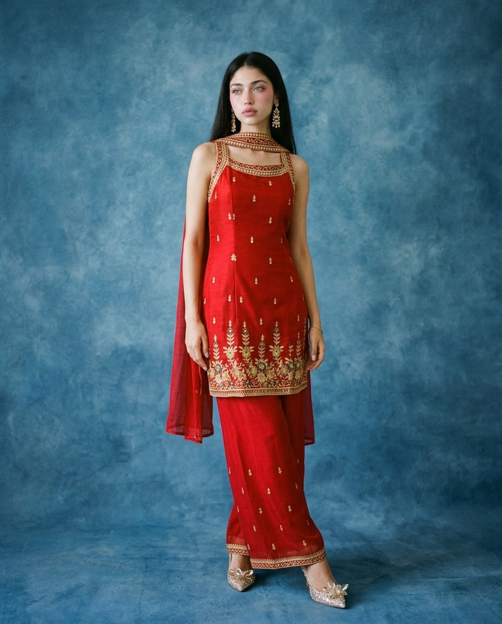 Red Embroidered Silk Blended Kurta Bottom Dupatta Set
