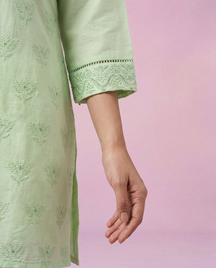 Lime Green Embriodered Cotton Short Kurti
