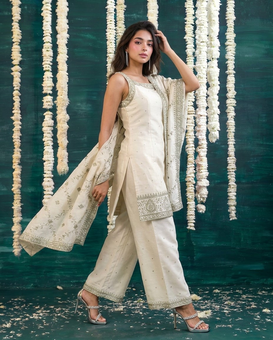 White Embriodered Silk Blended Sleeveless Kurta Bottom Dupatta Set