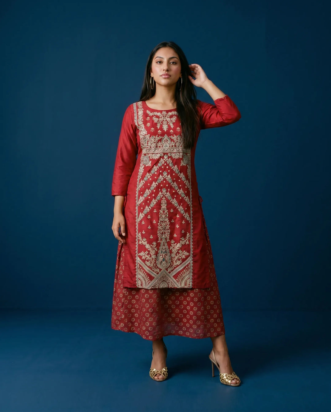Red Embriodered Silk Blended Maxi Dress