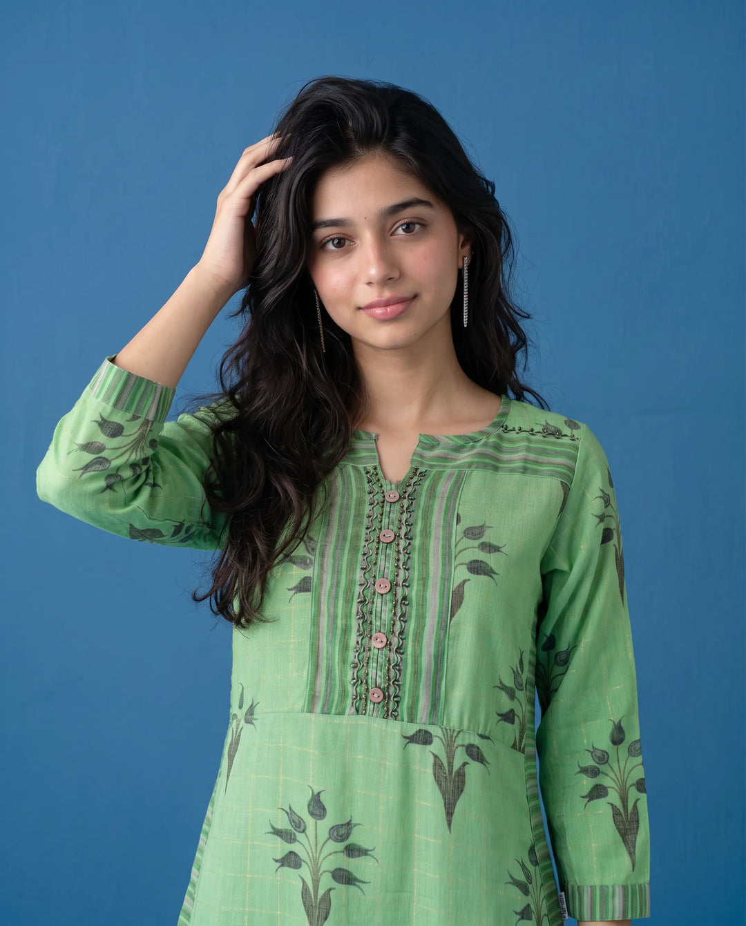 Green Printed Cotton Straight cut Long Kurta