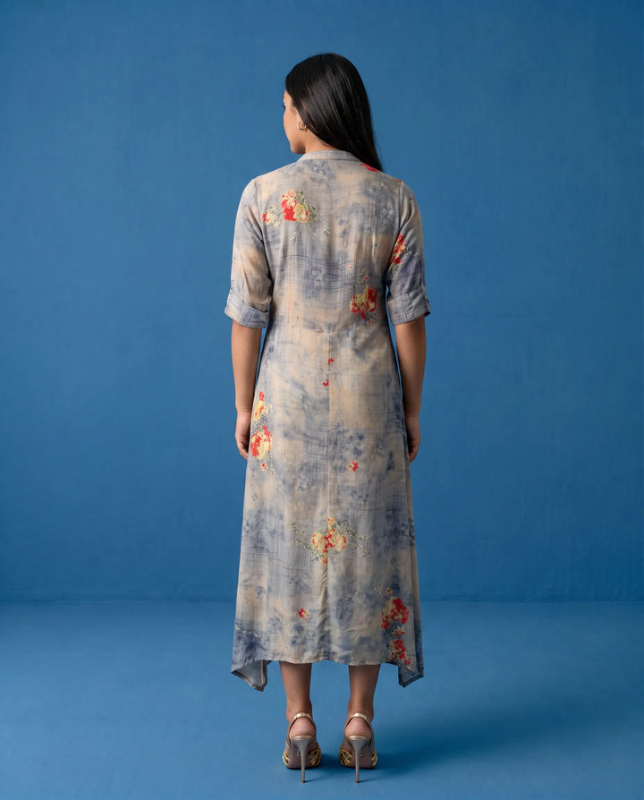 Grey Printed Rayon Maxi Dress
