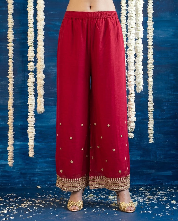 Red Embriodered Silk Blended Spaghetti Strap Kurta Bottom Dupatta Set