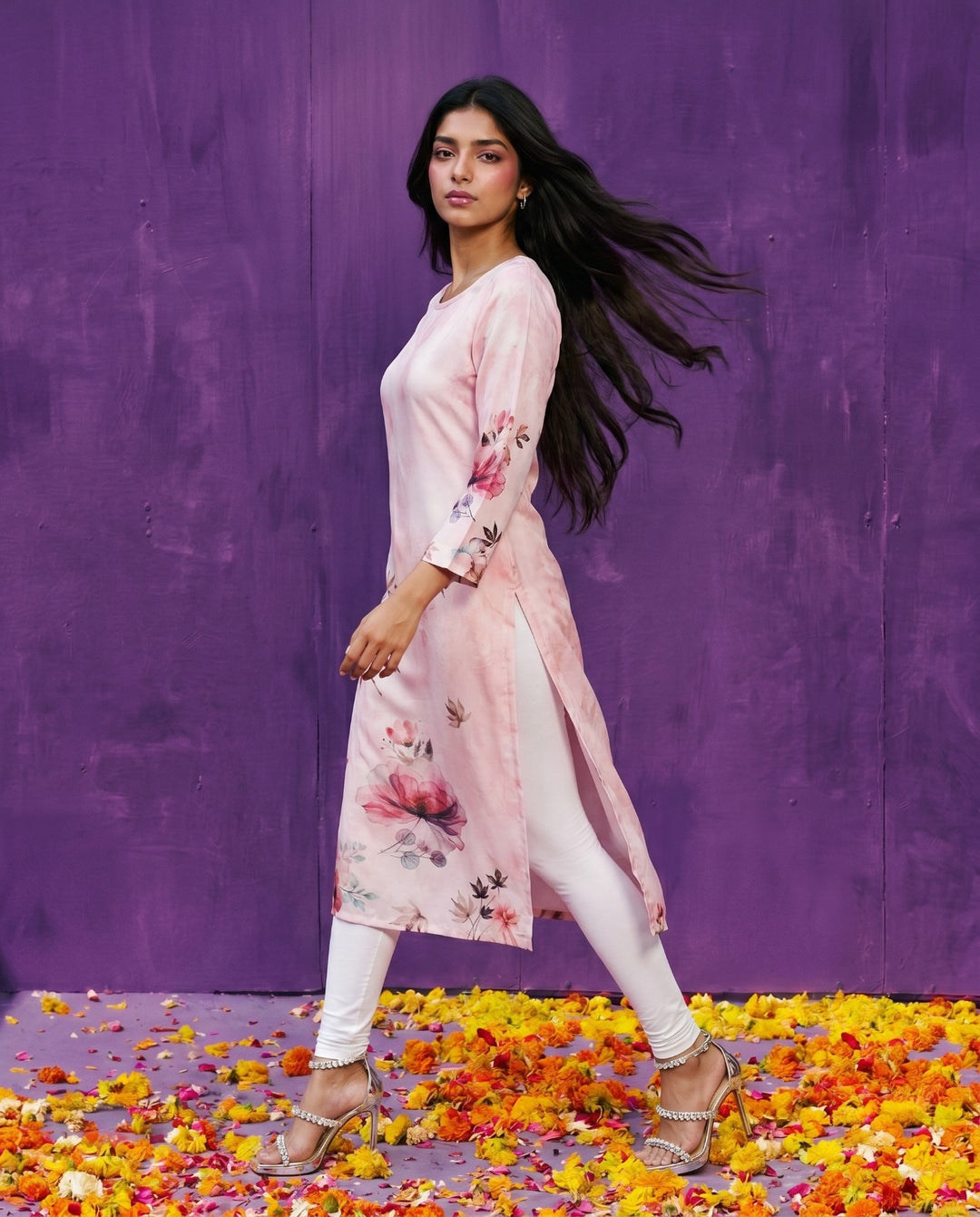 Pink Printed Crepe Silk Straight cut Long Kurta