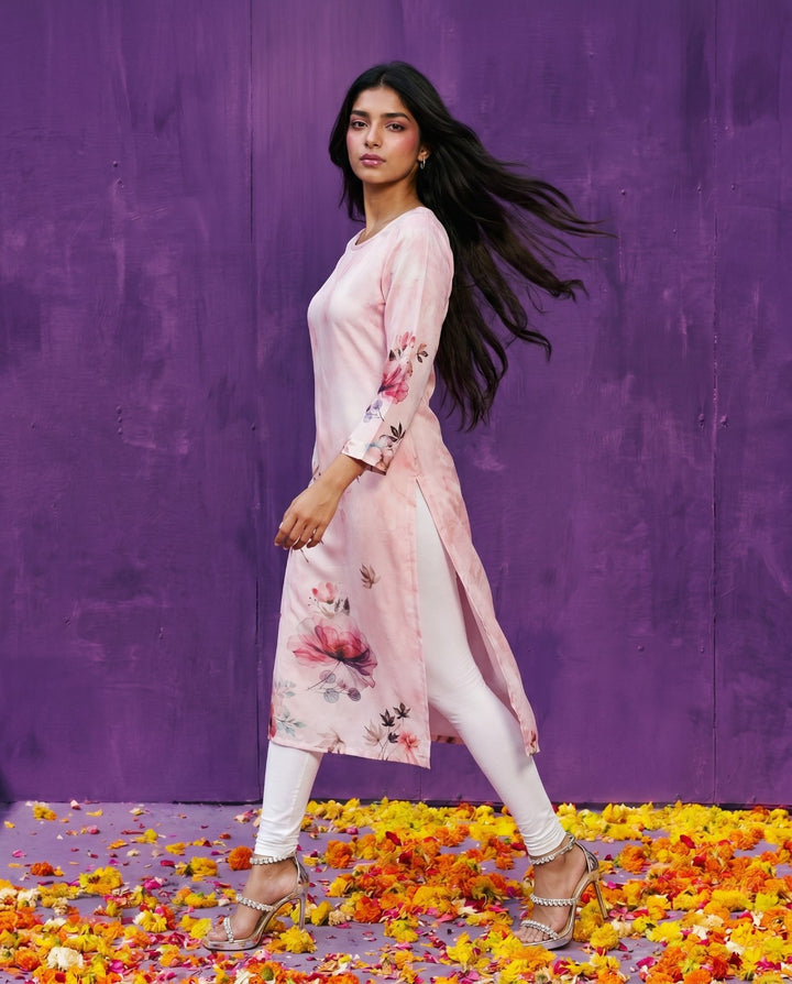 Pink Printed Crepe Silk Straight cut Long Kurta