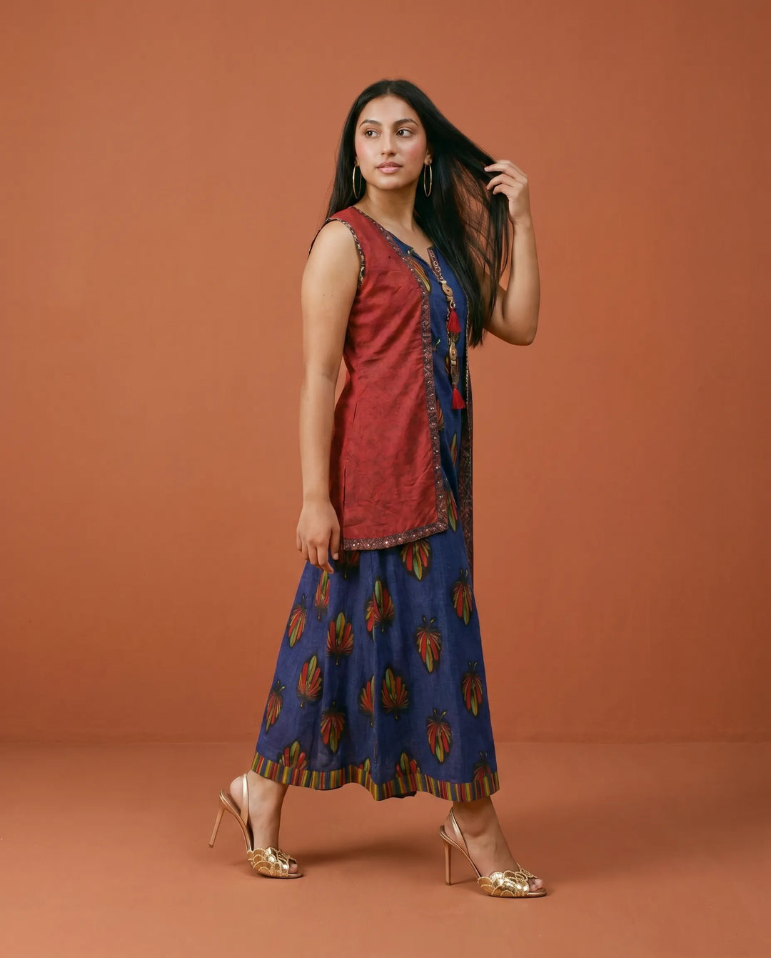 Navy Printed Rayon Sleeveless Maxi Dress