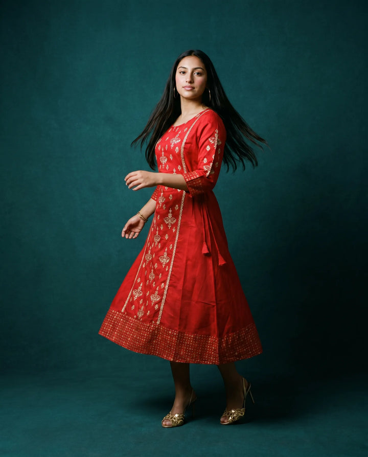 Red Embriodered Silk Blended Maxi Dress