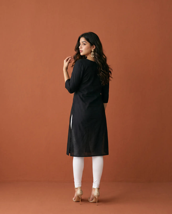 Black Embroidered Cotton Straight cut Long Kurta