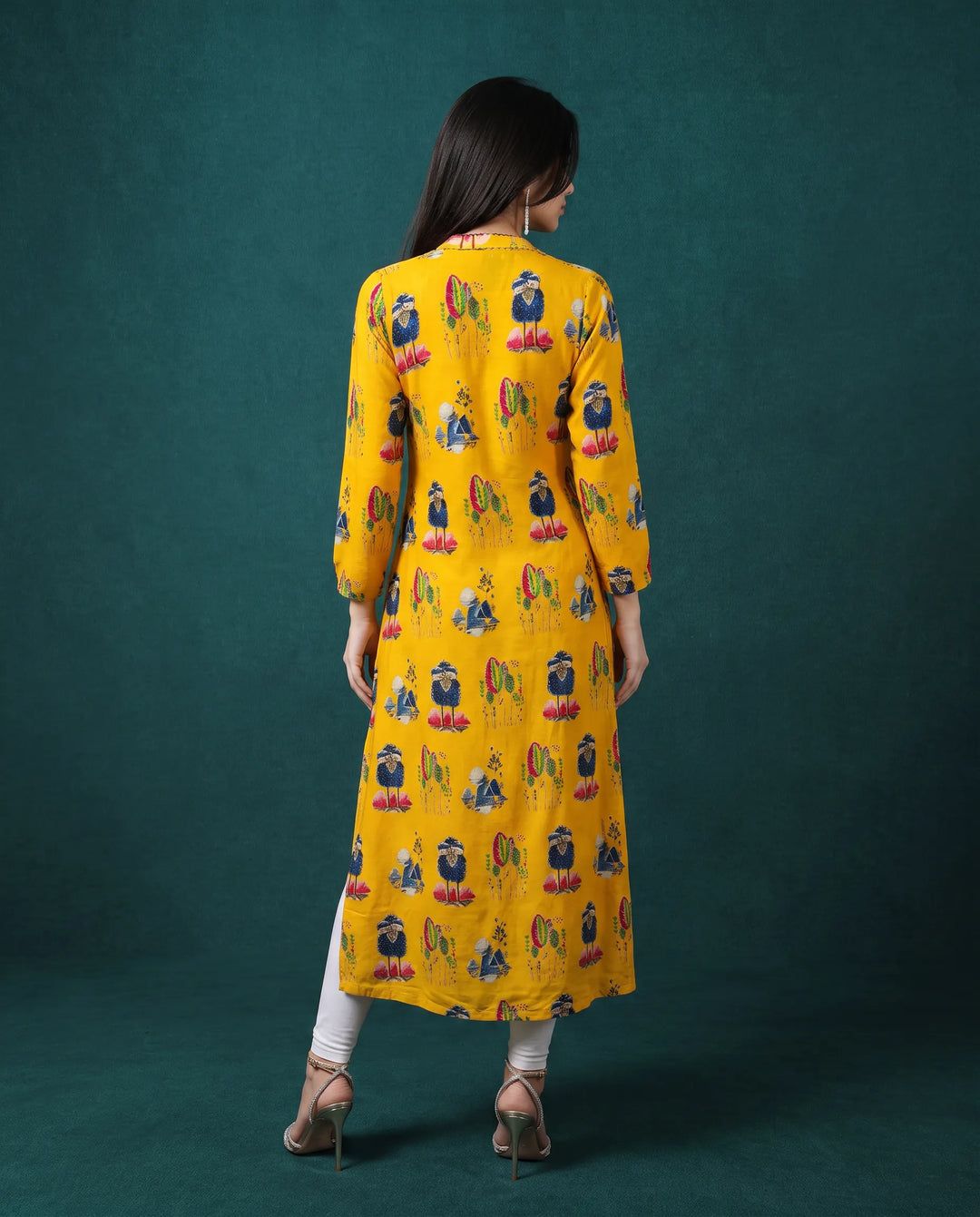 Yellow Printed Rayon Straight cut Long Kurta