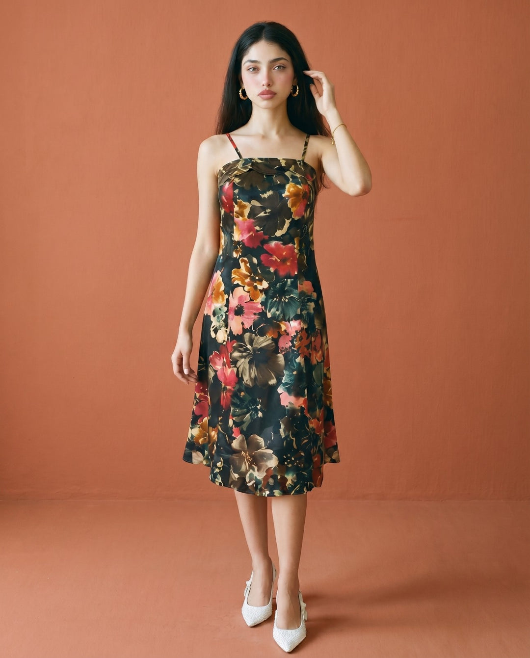 Black Printed Silk Blended Midi Dress