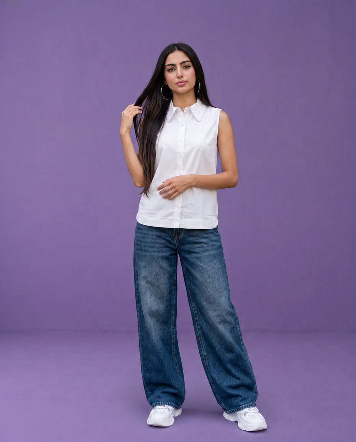 White Solid Cotton Satin Sleeveless Top