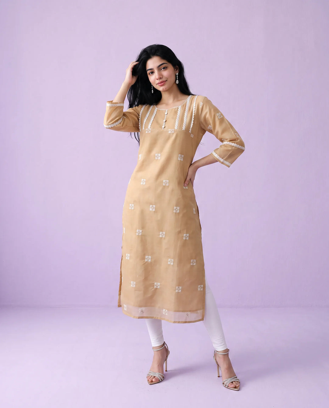 Beige Embroidered Viscose Blended Straight Cut Long Kurta