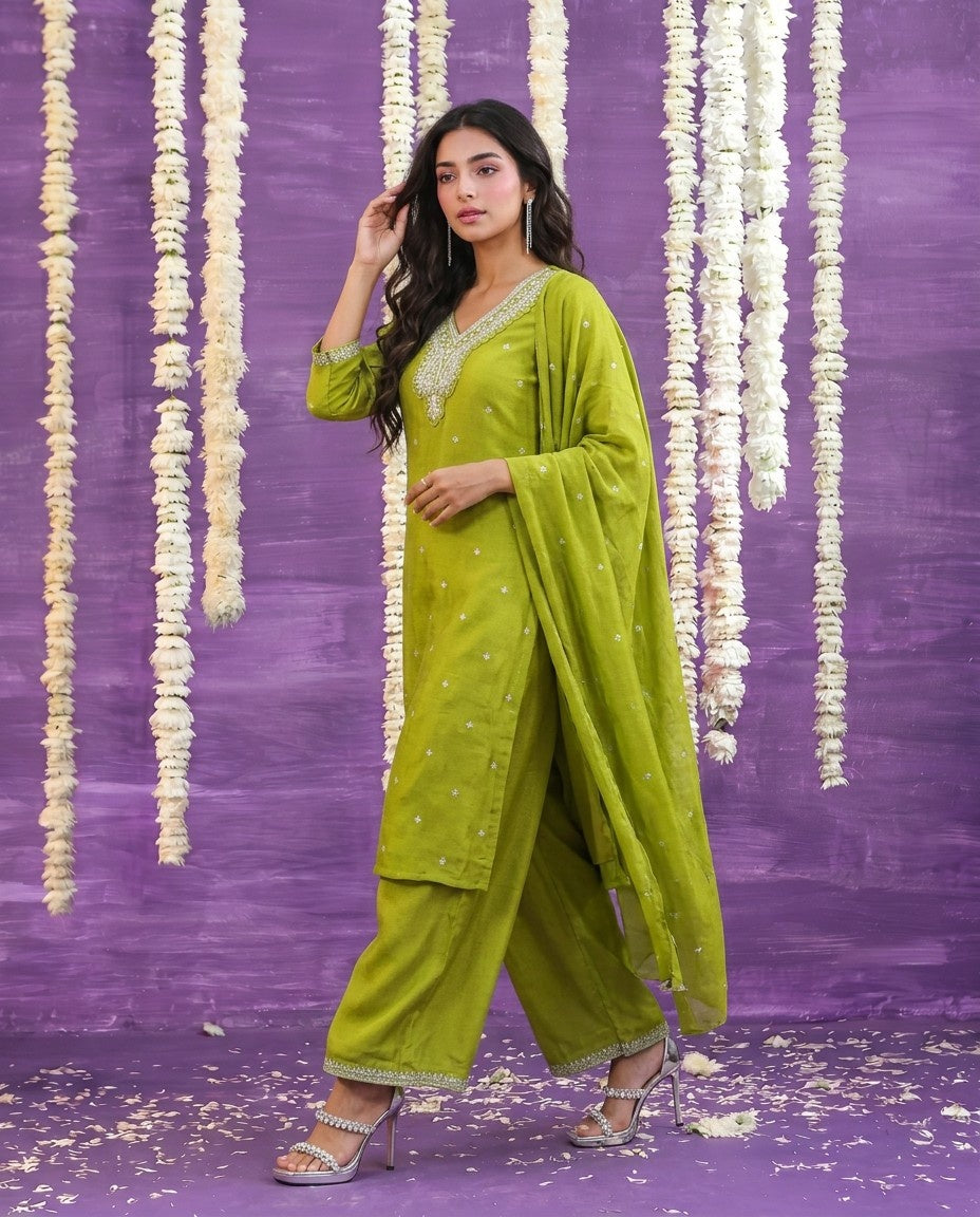Olive Embriodered Silk Blended Kurta Bottom Dupatta Set