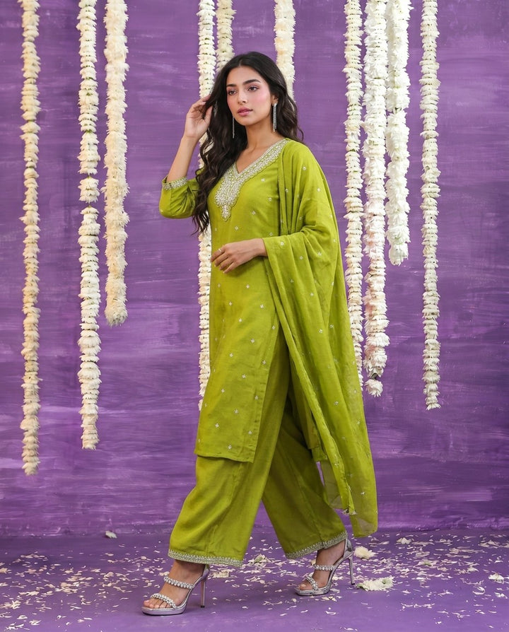 Olive Embriodered Silk Blended Kurta Bottom Dupatta Set