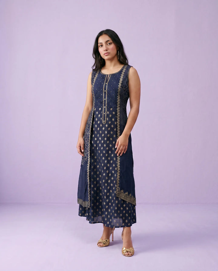 Navy Printed Rayon Sleeveless Maxi Dress