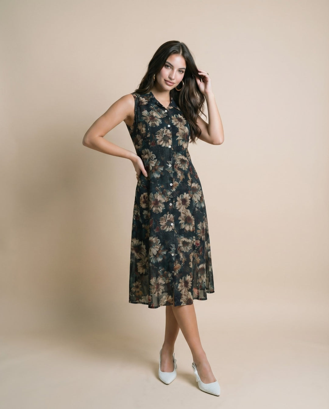 Forest Green Printed Viscose Blended Midi Dress