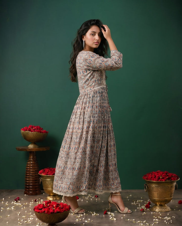 Multi-Colour Printed Silk Blended Maxi Dress