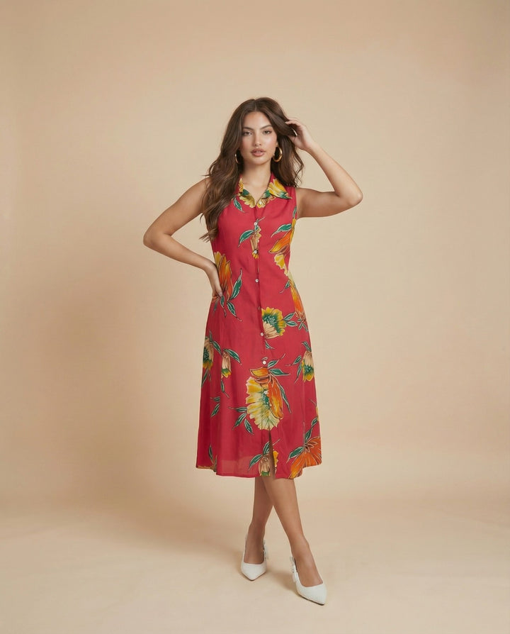 Red Printed Viscose Blended Midi Dress