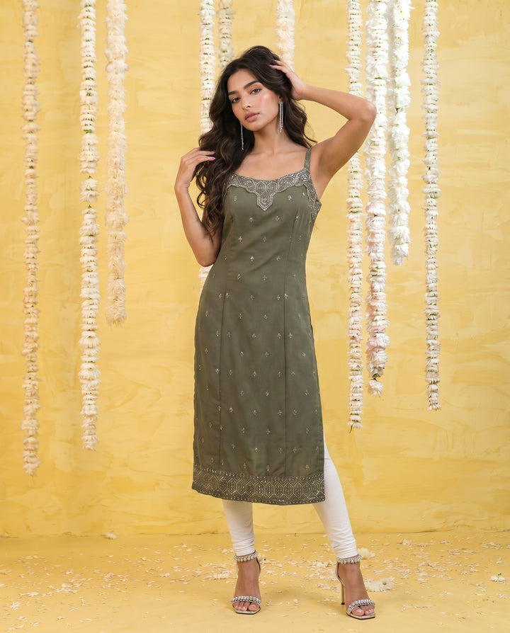 Olive Embroidered Viscose Blended Spaghetti Strap Straight Cut Long Kurta