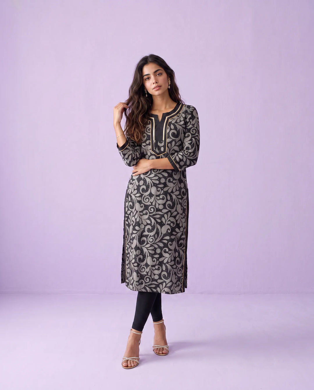 Black Printed Viscose Blended Straight cut Long Kurta