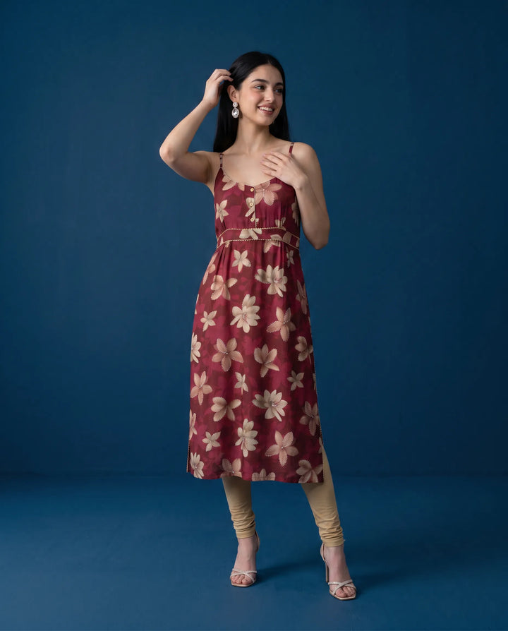 Maroon Printed Viscose Blended Spaghetti Strap Straight Cut Long Kurta