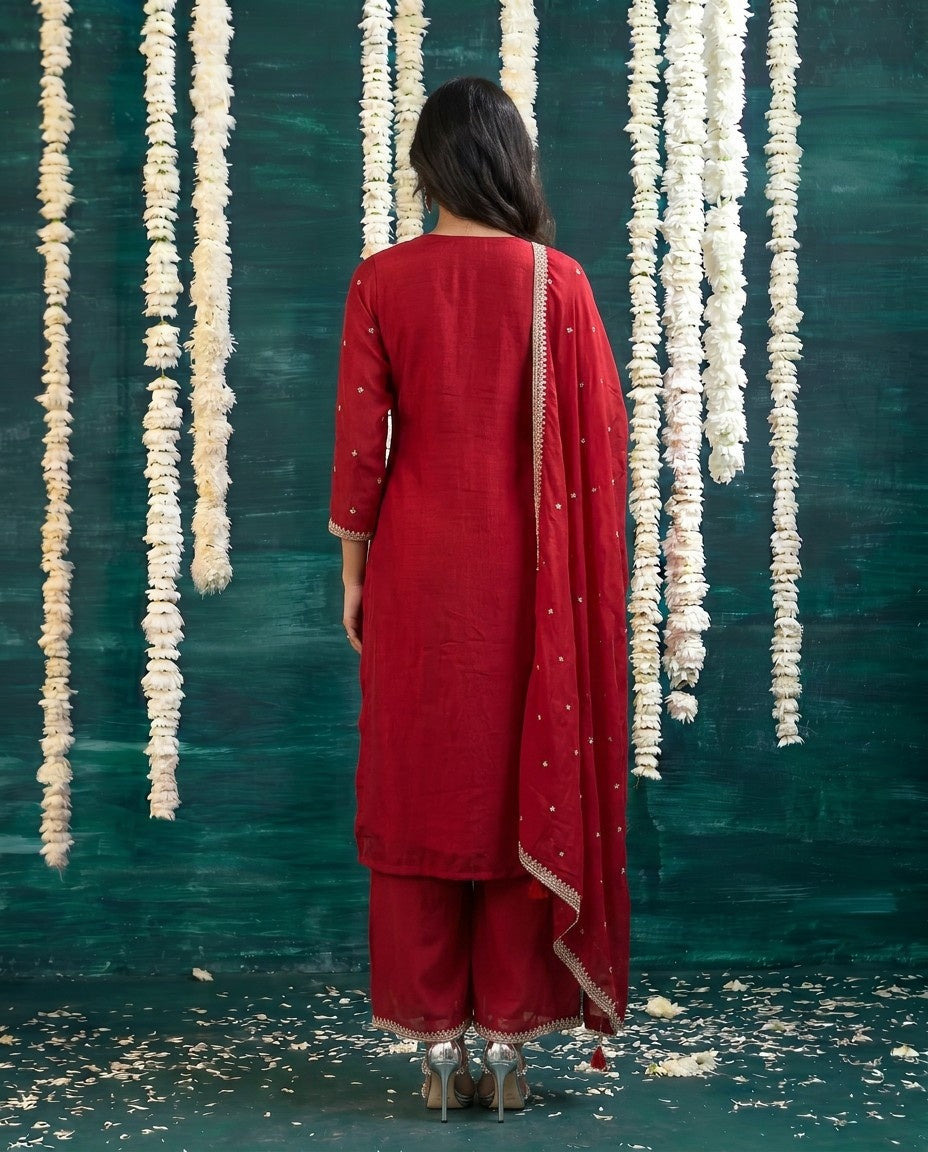 Red Embriodered Silk Blended Kurta Bottom Dupatta Set