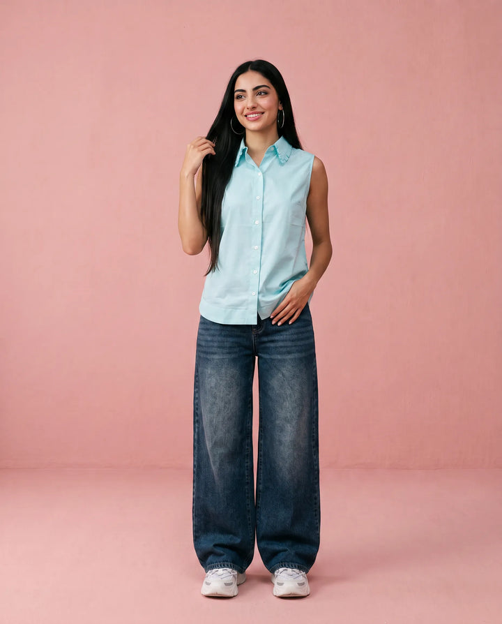 Sky Blue Solid Cotton Satin Sleeveless Top