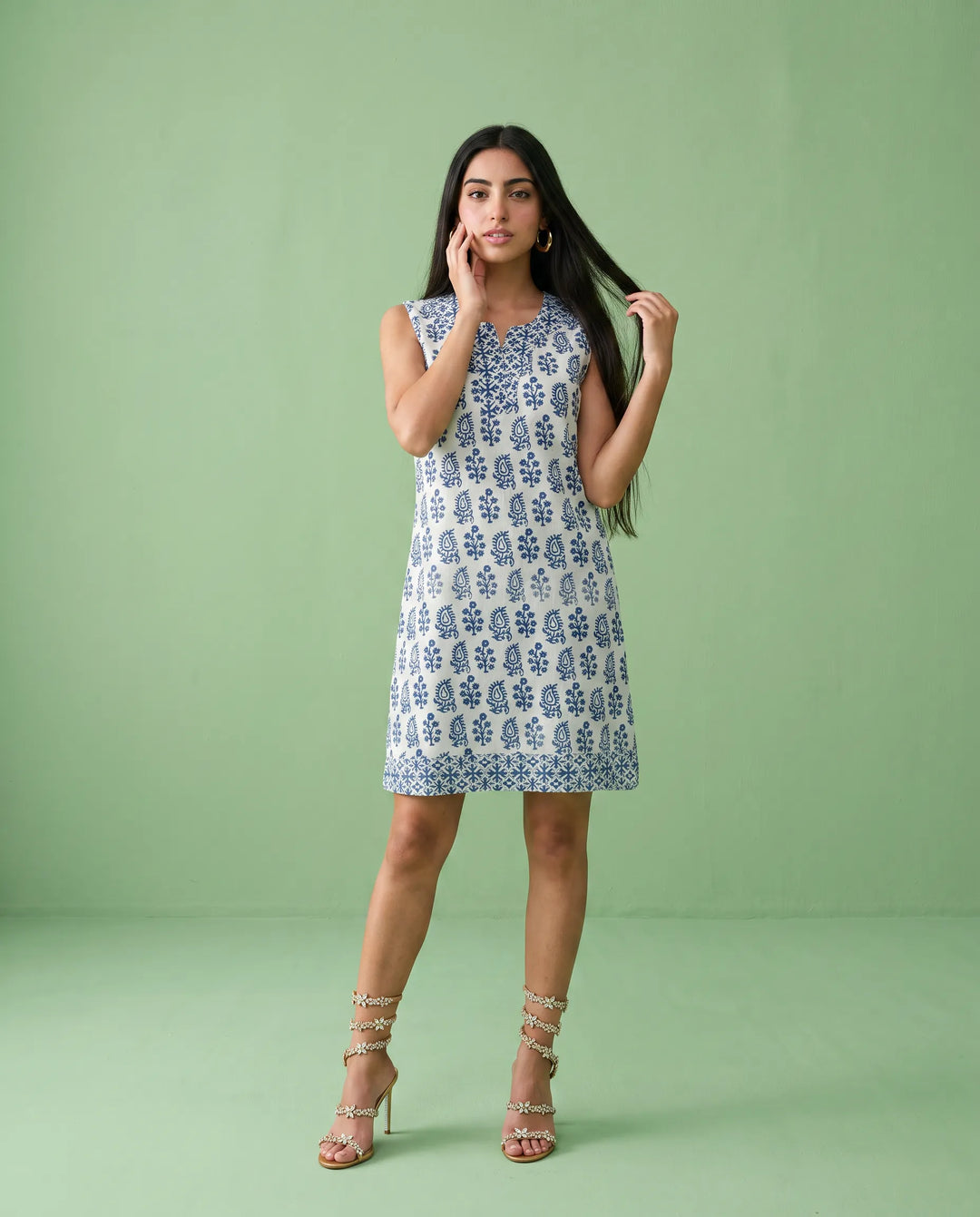 Blue Printed Pure Cotton Hand-Block Printed Midi Dress