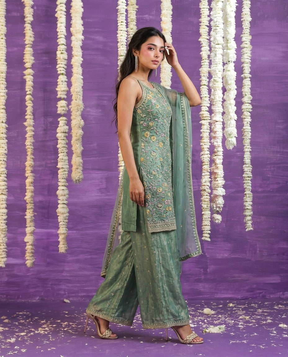 Sea Green Embriodered Silk Blended Spaghetti Strap Kurta Bottom Dupatta Set