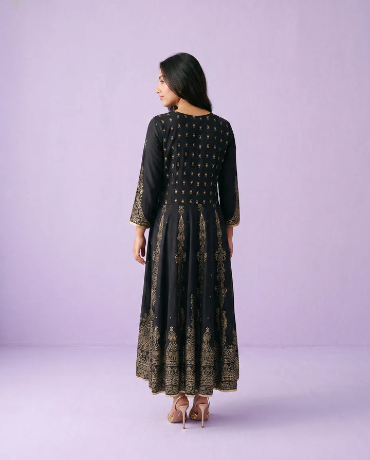 Black Printed Rayon Maxi Dress