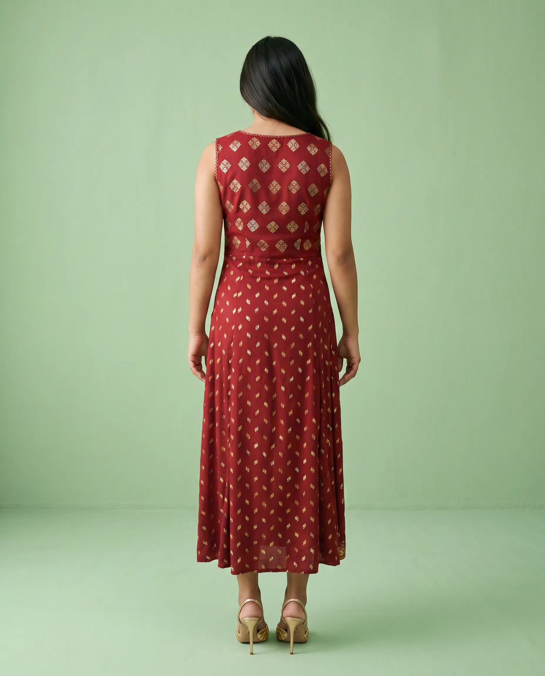 Maroon Printed Rayon Sleeveless Maxi Dress