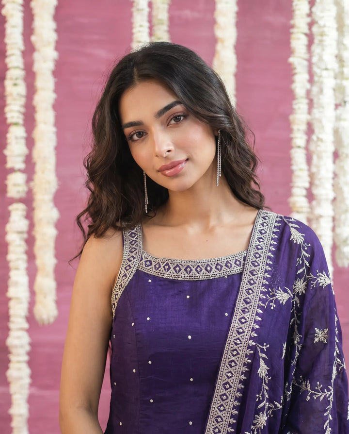 Purple Embriodered Silk Blended Sleeveless Kurta Bottom Dupatta Set