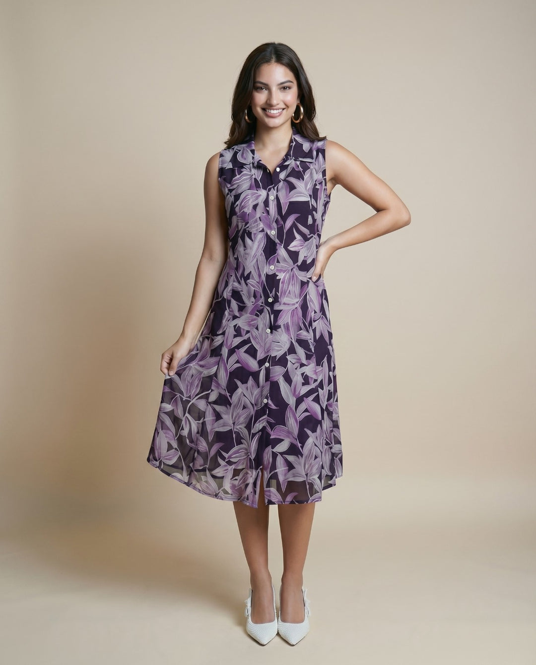 Purple Printed Viscose Blended Midi Dress
