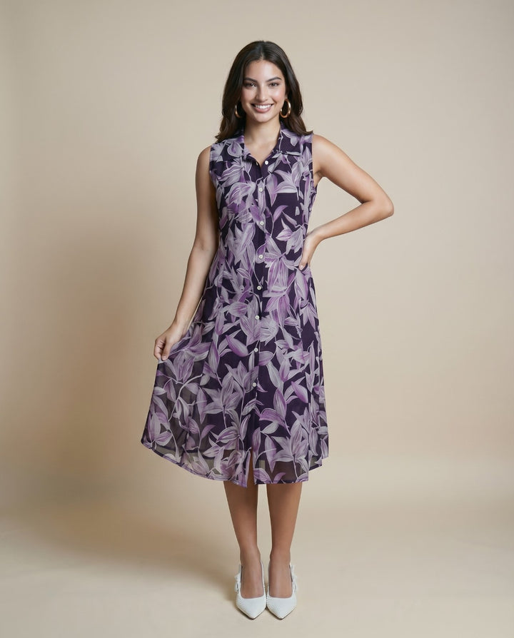 Purple Printed Viscose Blended Midi Dress