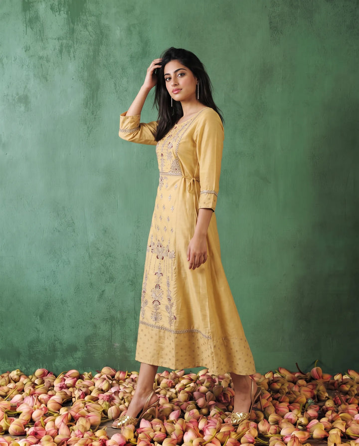 Yellow Embriodered Silk Blended Maxi Dress