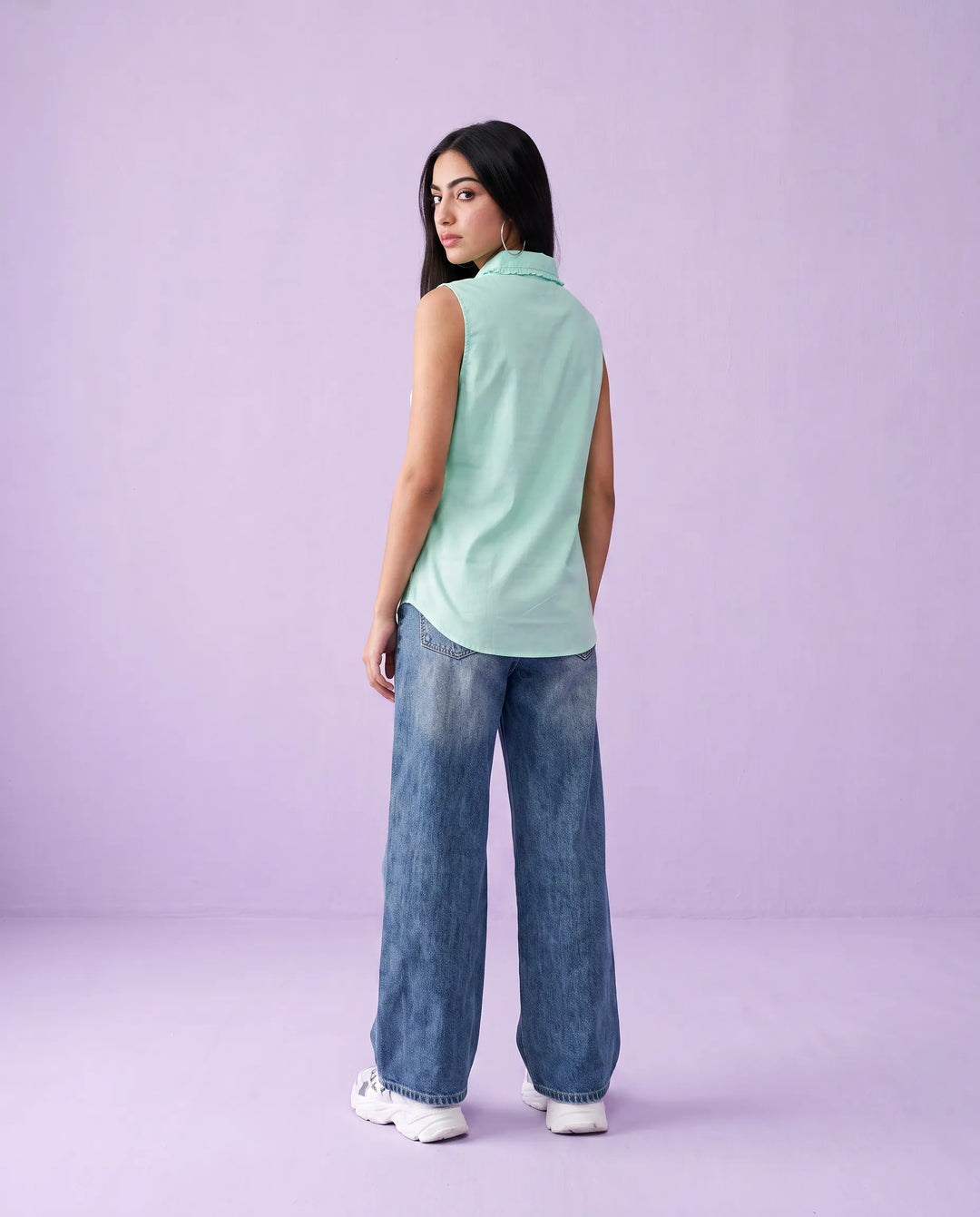Turquoise Solid Cotton Satin Sleeveless Top