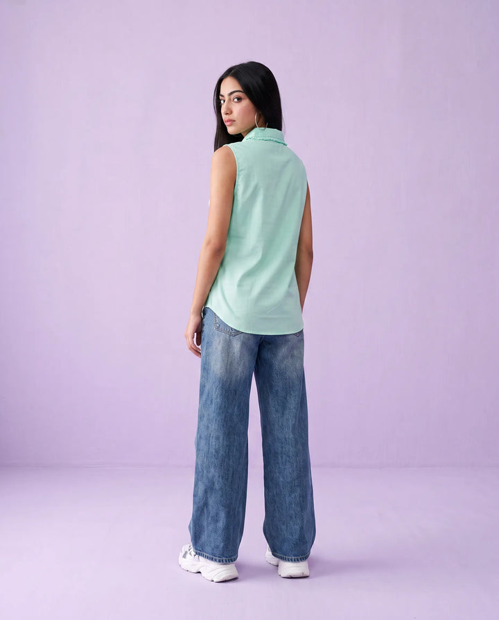 Turquoise Solid Cotton Satin Sleeveless Top