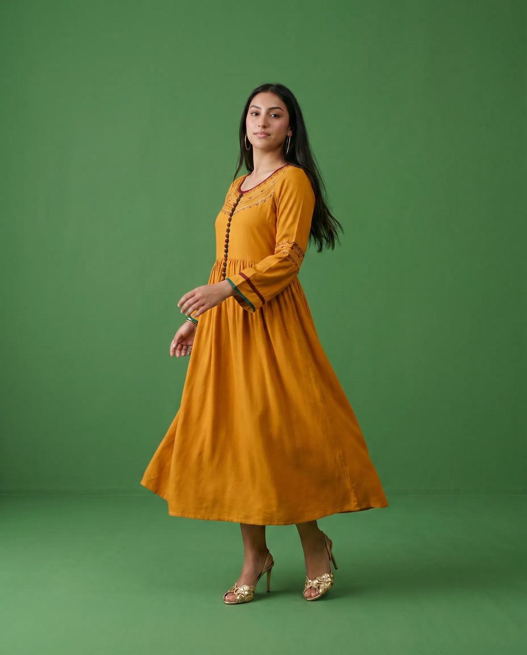 Mustard Embriodered Cotton Maxi Dress