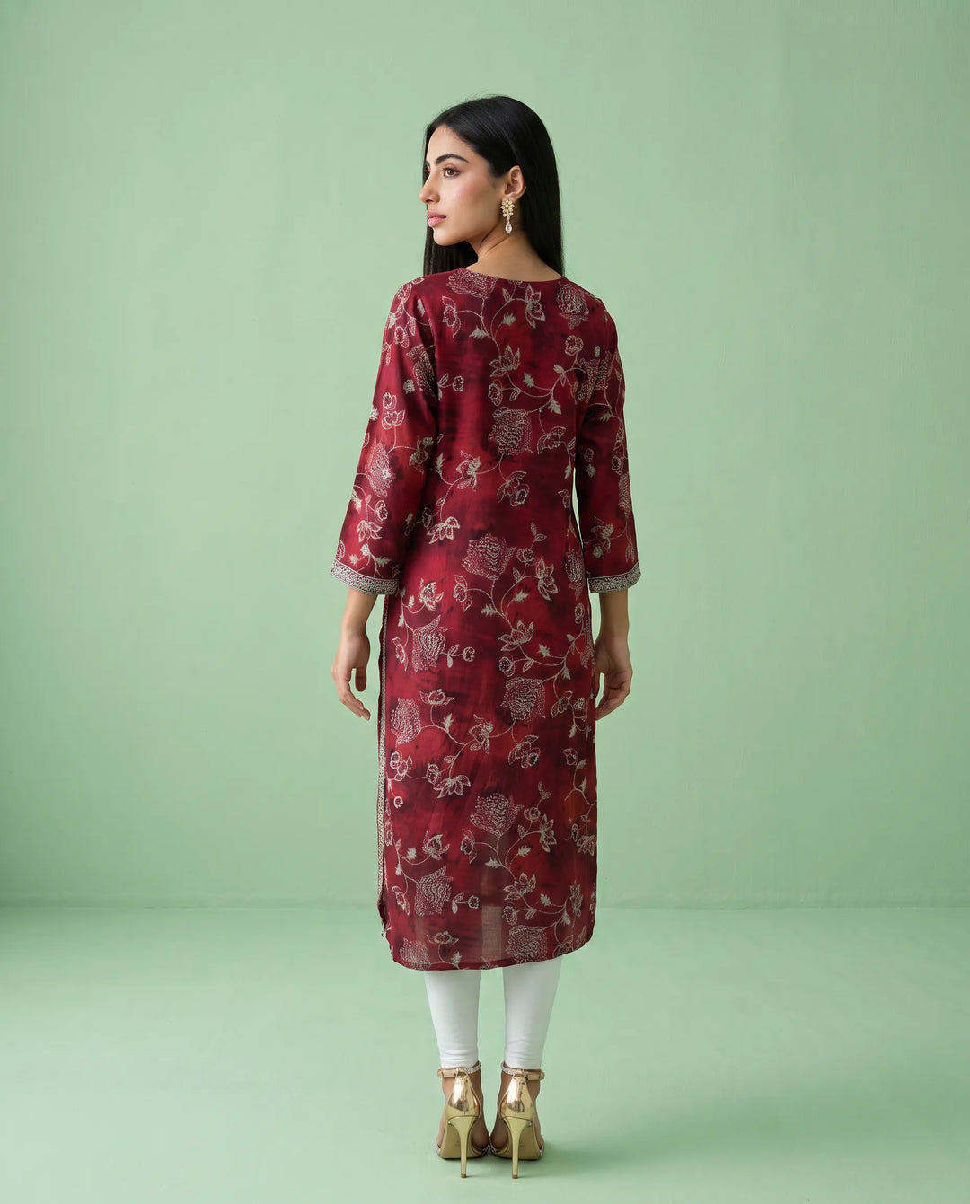 Maroon Embroidered Viscose Blended 3/4 Sleeves Straight Cut Long Kurta