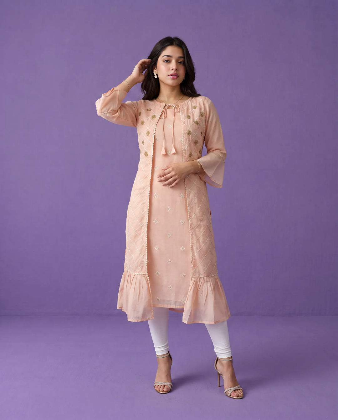 Peach Embroidered Chanderi Long Kurta