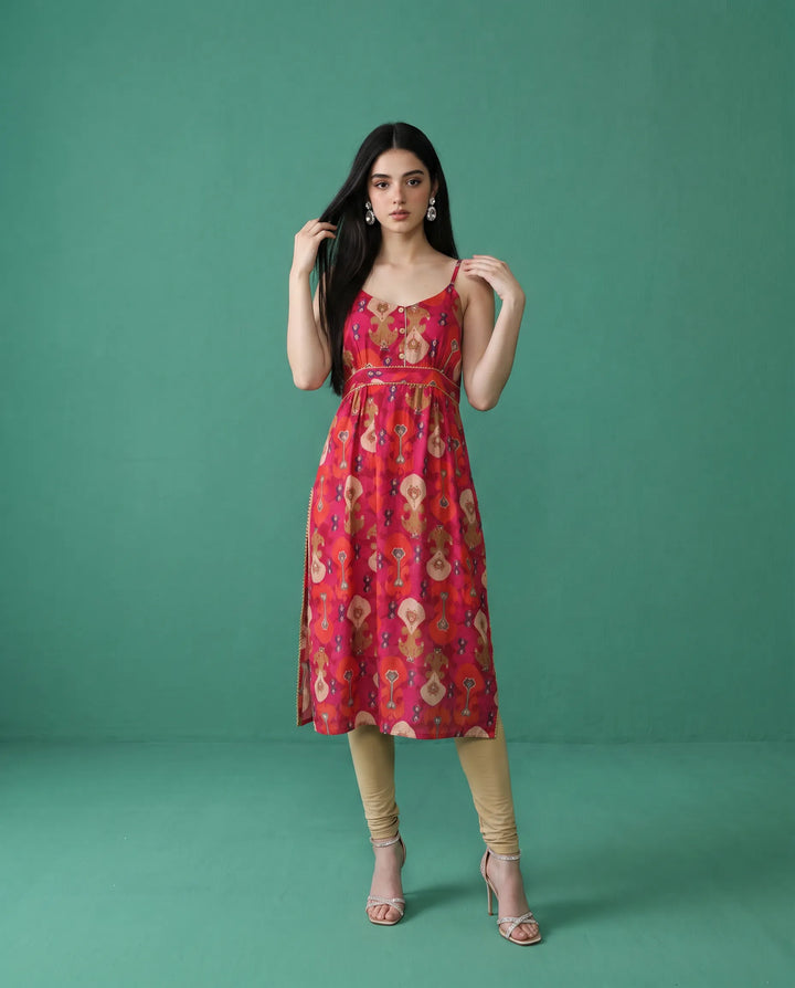 Pink Printed Viscose Blended Spaghetti Strap Straight Cut Long Kurta